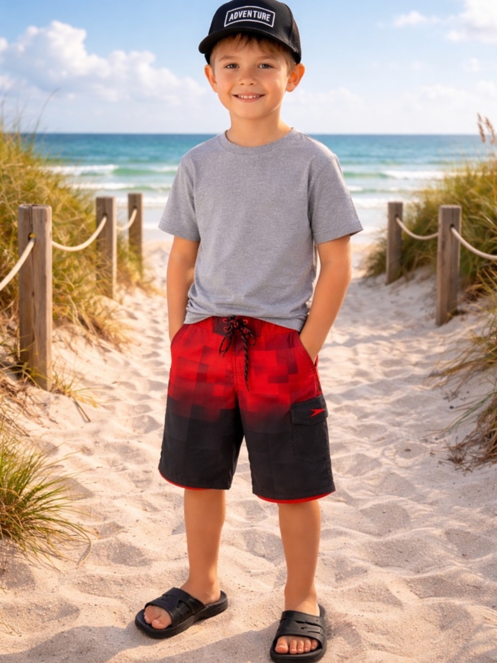 Speedo Boys Red and Black Gradient Swim Trunks